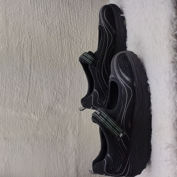 Skechers Shape-Ups Sleek Fit Black Leather Mesh Upper Mary-Jane Wedge Sneaker - Picture 4 of 16